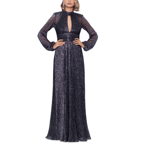 BETSY & ADAM Metallic-Threaded Front-Cutout Gown In Navy. - Picture 3 of 17